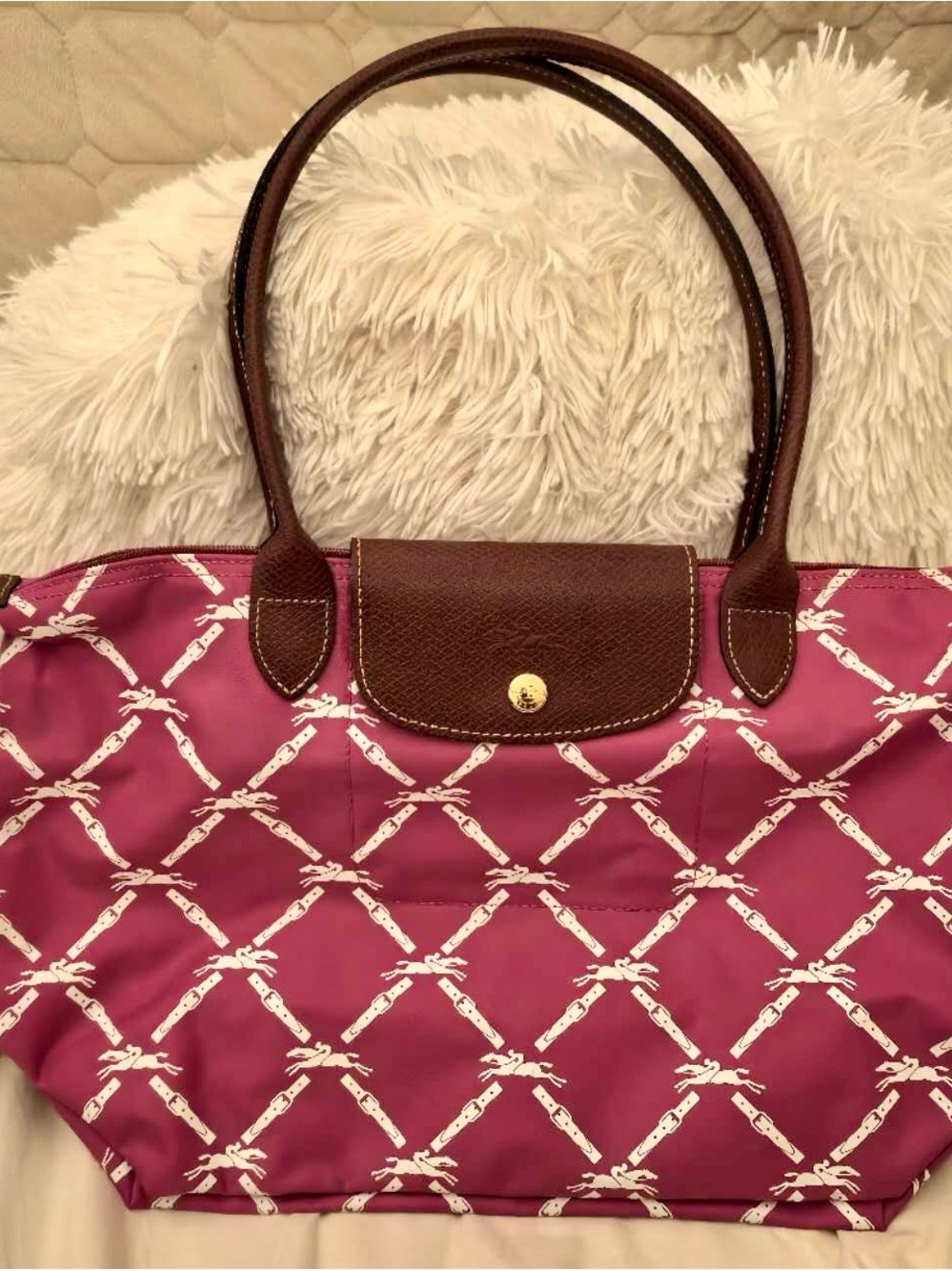 Longchamp Pink Nylon Tote with Brown Leather Trim